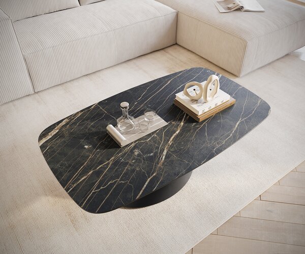 DELIFE Dohányzóasztal Edge hajóformájú 120x70 cm Laminam® kerámia Noir Desir barna Conis fém fekete