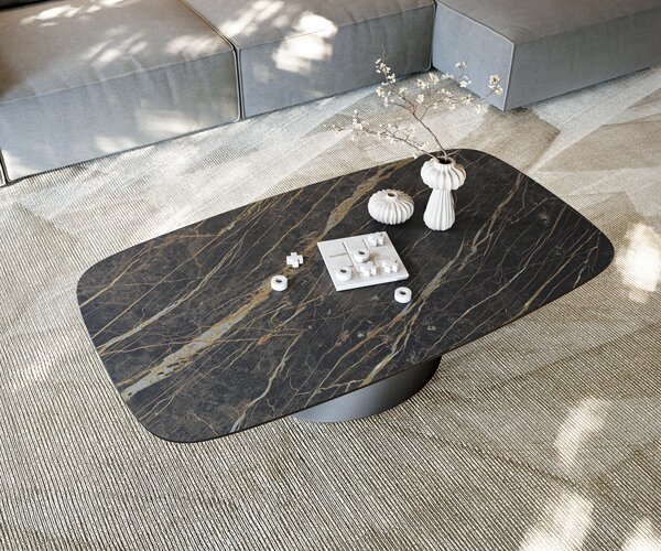 DELIFE Dohányzóasztal Edge hajóformájú 140x80 cm Laminam® kerámia Noir Desir barna Conis fém fekete