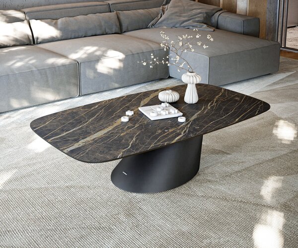 DELIFE Dohányzóasztal Edge hajóformájú 140x80 cm Laminam® kerámia Noir Desir barna Conis fém fekete