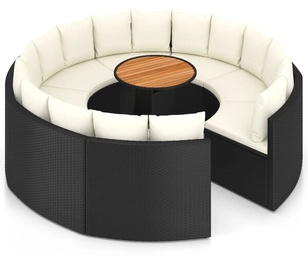 9 részes fekete polyrattan kerti kanapészett párnákkal