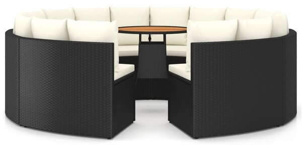 9 részes fekete polyrattan kerti kanapészett párnákkal
