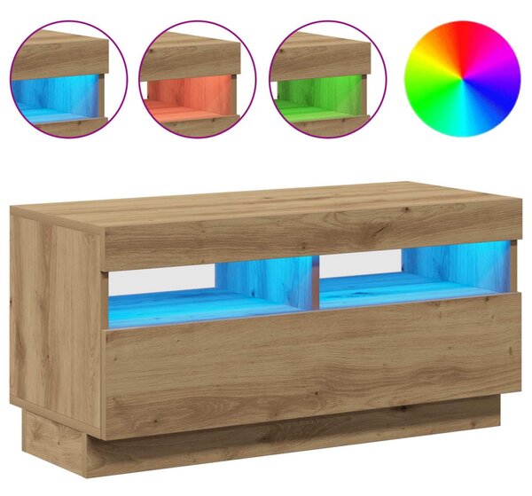 Kézműves tölgyszínű szerelt fa TV-szekrény LED-ekkel 80x35x40cm