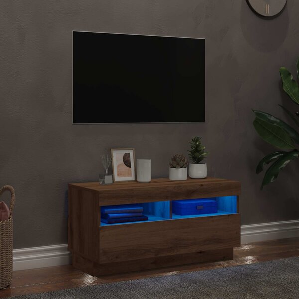 Kézműves tölgyszínű szerelt fa TV-szekrény LED-ekkel 80x35x40cm