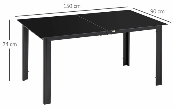 Outsunny Téglalap alakú kerti asztal 6 személyes, üveg asztallappal és alumíniummal, 150x90 cm, fekete