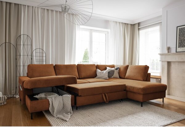 Narancssárgásbarna kordbársony kinyitható sarokkanapé (jobb oldali) Lofty Lilly – Miuform