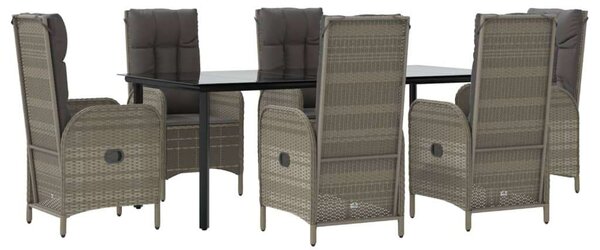 VidaXL 7 részes fekete és szürke polyrattan kerti étkezőszett párnával