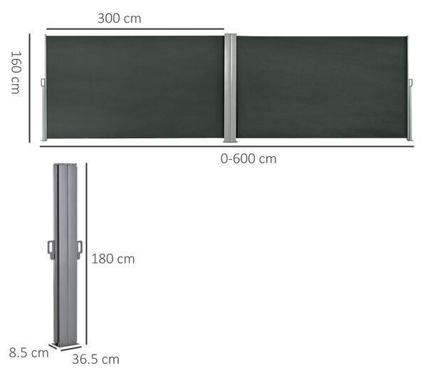 Outsunny Állítható UV-álló kerti paraván fogantyúval, fémből és 180 g/m² poliészterből, 600x180 cm, szürke