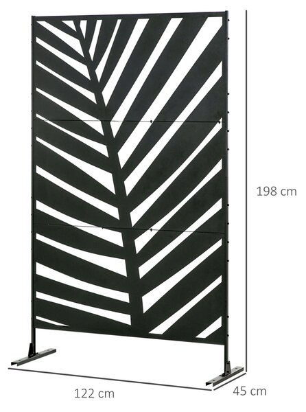 Outsunny térelválasztó 3 függőleges acél panellel, banánlevél mintával, 122x45x198 cm, fekete