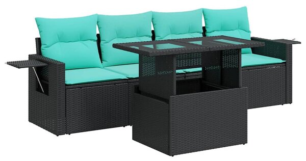 5 részes fekete polyrattan akácfa kerti ülőgarnitúra párnával