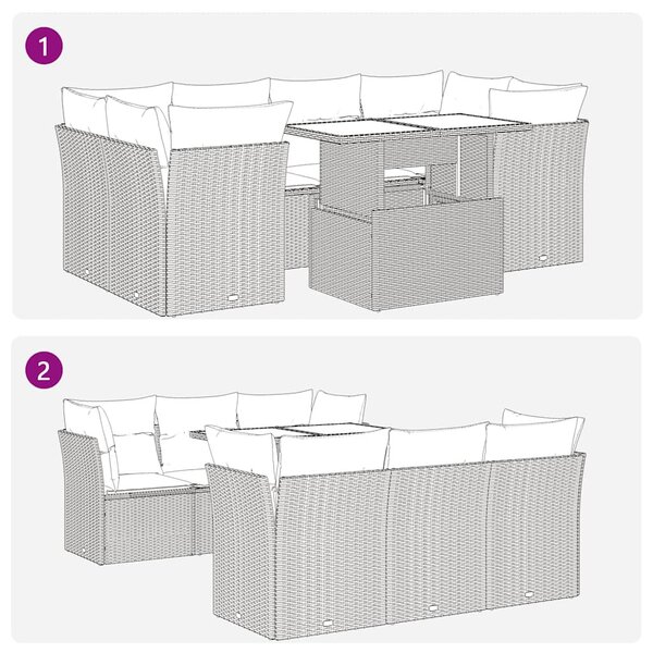 7 részes fekete polyrattan akácfa kerti ülőgarnitúra párnával