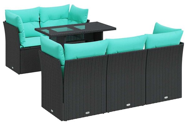 6 részes fekete polyrattan akácfa kerti ülőgarnitúra párnákkal