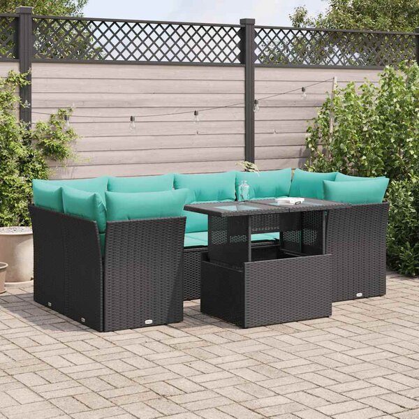 7 részes fekete polyrattan akácfa kerti ülőgarnitúra párnával