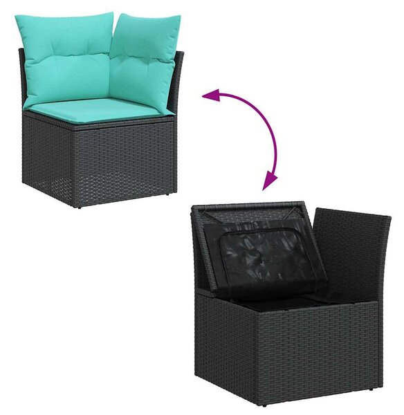 8 részes fekete polyrattan akácfa kerti ülőgarnitúra párnákkal