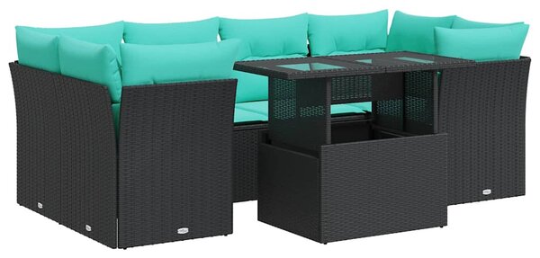 7 részes fekete polyrattan akácfa kerti ülőgarnitúra párnával