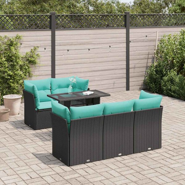 6 részes fekete polyrattan akácfa kerti ülőgarnitúra párnákkal