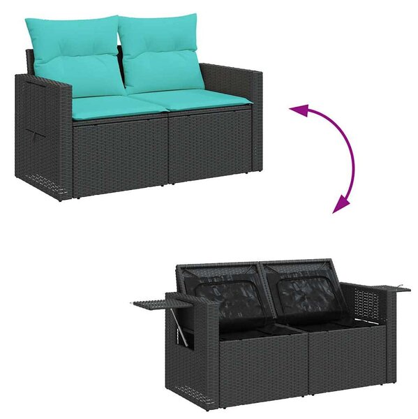 5 részes fekete polyrattan akácfa kerti ülőgarnitúra párnával
