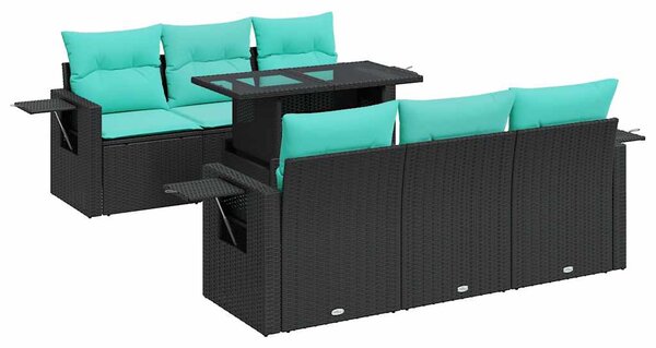 7 részes fekete polyrattan akácfa kerti ülőgarnitúra párnákkal