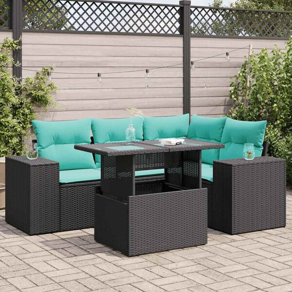 5 részes fekete polyrattan akácfa kerti ülőgarnitúra párnákkal