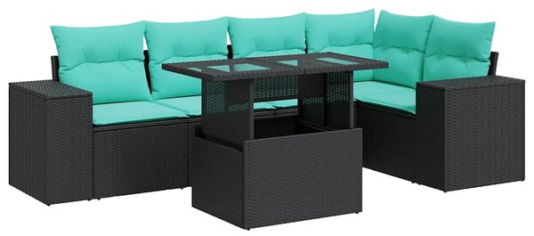 6 részes fekete polyrattan akácfa kerti kanapészett párnákkal
