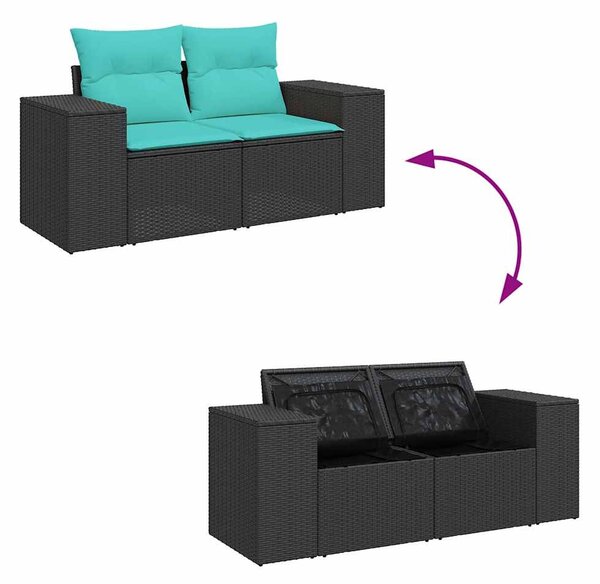 6 részes fekete polyrattan akácfa kerti kanapészett párnákkal
