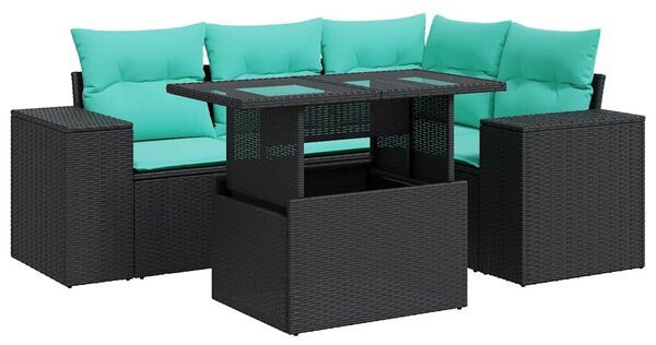 5 részes fekete polyrattan akácfa kerti ülőgarnitúra párnákkal