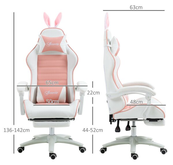 Vinsetto Gamer Szék, Lábtartóval, Nyuszifül fejtámlával, rózsaszín
