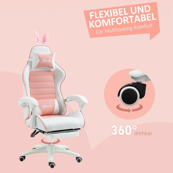 Vinsetto Gamer Szék, Lábtartóval, Nyuszifül fejtámlával, rózsaszín