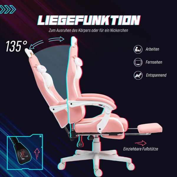 HOMCOM Gamer Szék Macskafülekkel, Dönthető háttámlával, lábtartóval, Rózsaszín/Fehér