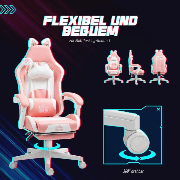 HOMCOM Gamer Szék Macskafülekkel, Dönthető háttámlával, lábtartóval, Rózsaszín/Fehér