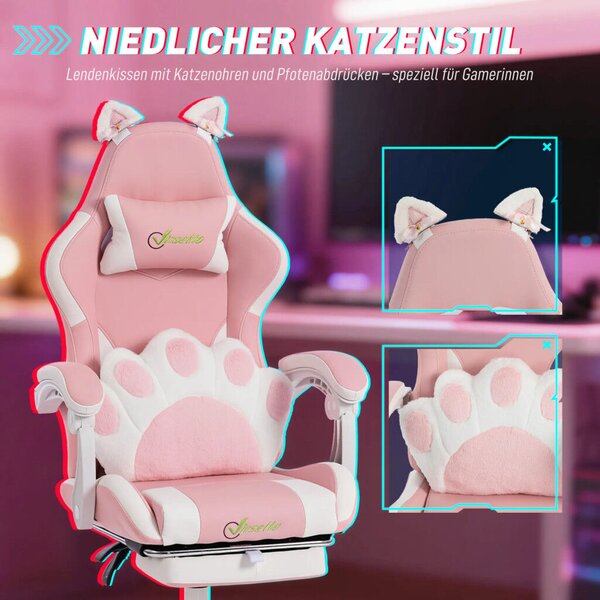 Vinsetto ergonomikus gamer szék, macskafüles műbőr, lábtartó, fejtámla, rózsaszín