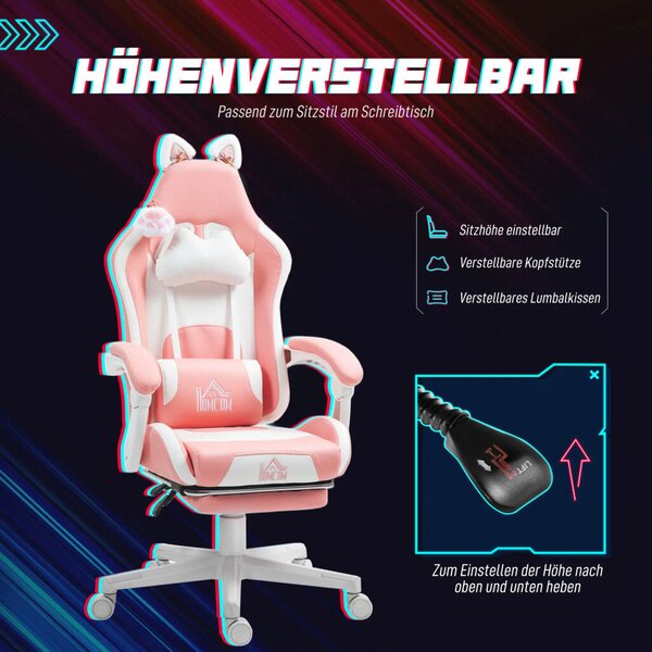 HOMCOM Gamer Szék Macskafülekkel, Dönthető háttámlával, lábtartóval, Rózsaszín/Fehér