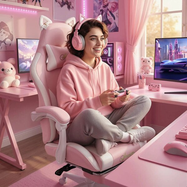 Vinsetto ergonomikus gamer szék, macskafüles műbőr, lábtartó, fejtámla, rózsaszín
