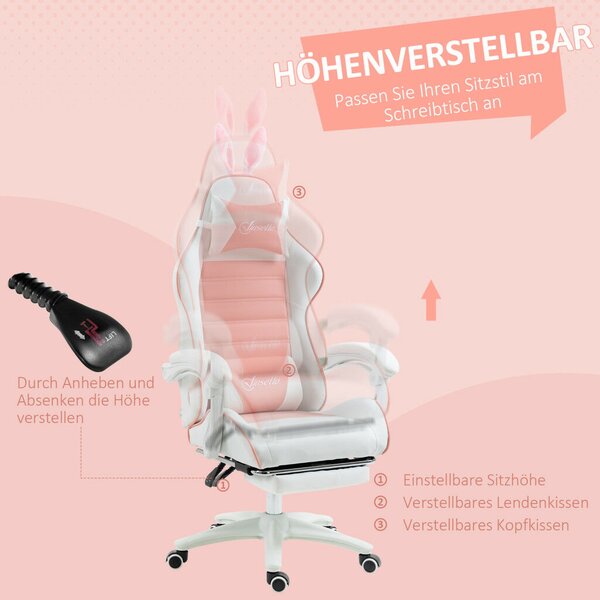 Vinsetto Gamer Szék, Lábtartóval, Nyuszifül fejtámlával, rózsaszín