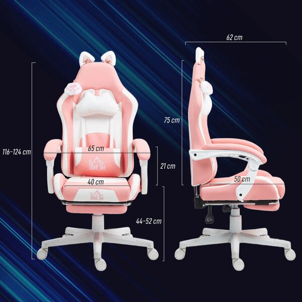 HOMCOM Gamer Szék Macskafülekkel, Dönthető háttámlával, lábtartóval, Rózsaszín/Fehér