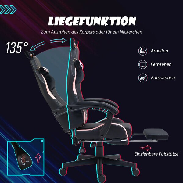 HOMCOM Gamer Szék Macskafülekkel, Dönthető háttámlával, lábtartóval, Rózsaszín/Fekete