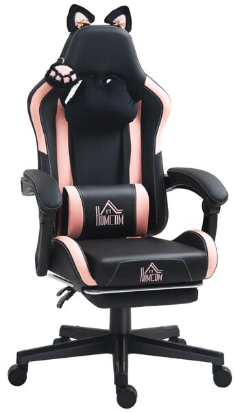 HOMCOM Gamer Szék Macskafülekkel, Dönthető háttámlával, lábtartóval, Rózsaszín/Fekete