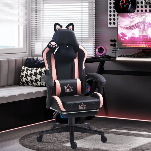 HOMCOM Gamer Szék Macskafülekkel, Dönthető háttámlával, lábtartóval, Rózsaszín/Fekete