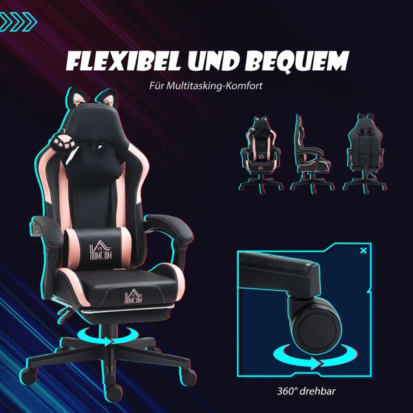 HOMCOM Gamer Szék Macskafülekkel, Dönthető háttámlával, lábtartóval, Rózsaszín/Fekete