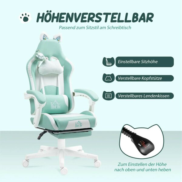 HOMCOM Gamer Szék Macskafülekkel, Dönthető háttámlával, lábtartóval, Tengerkék