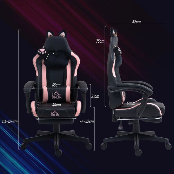 HOMCOM Gamer Szék Macskafülekkel, Dönthető háttámlával, lábtartóval, Rózsaszín/Fekete