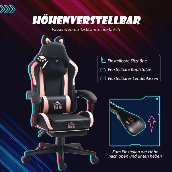 HOMCOM Gamer Szék Macskafülekkel, Dönthető háttámlával, lábtartóval, Rózsaszín/Fekete
