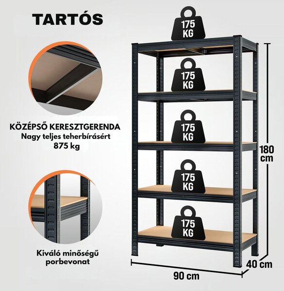 HEAVY nagy teherbírású polc, max 875kg, 90x40x180cm, fekete Jurhan