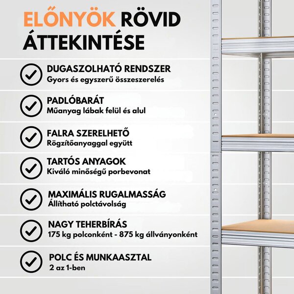 HEAVY nagy teherbírású polc, max. 875kg, 90x40x180cm, ezüst Jurhan