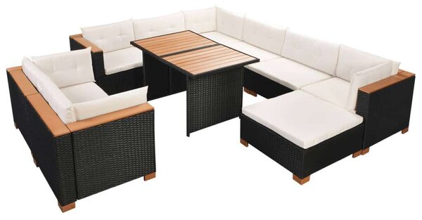 VidaXL 10-részes fekete polyrattan kerti bútorszett párnákkal