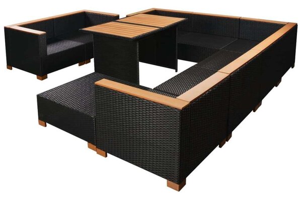 VidaXL 10-részes fekete polyrattan kerti bútorszett párnákkal