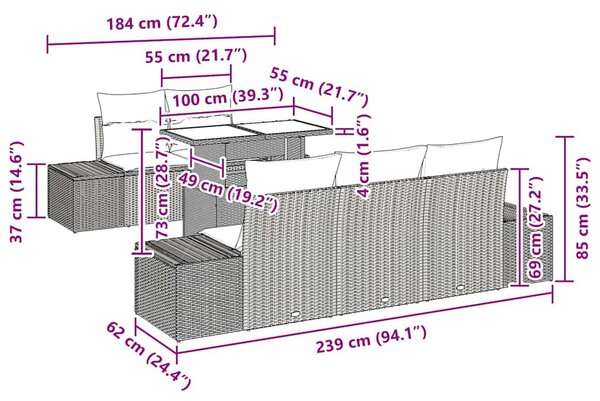 Kanapé Szett párnával 6 pcs Világosszürke polirattan