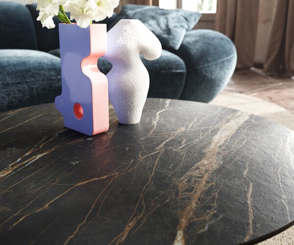 DELIFE Dohányzóasztal Edge kerek 90x90 cm Laminam® kerámia Noir Desir barna Conis fém fekete