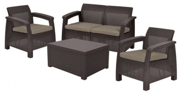 Allibert Corfu Box Kerti bútor garnitúra, 2 fotel, kanapé, asztal, polyrattan, barna