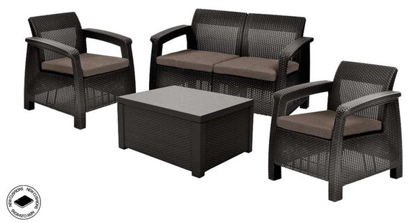 Allibert Corfu Box Kerti bútor garnitúra, 2 fotel, kanapé, asztal, polyrattan, barna