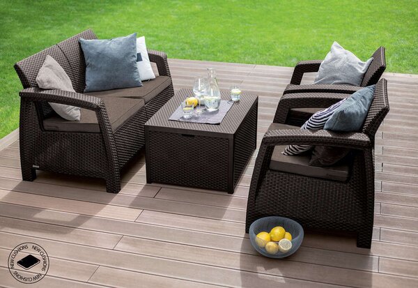 Allibert Corfu Box Kerti bútor garnitúra, 2 fotel, kanapé, asztal, polyrattan, barna